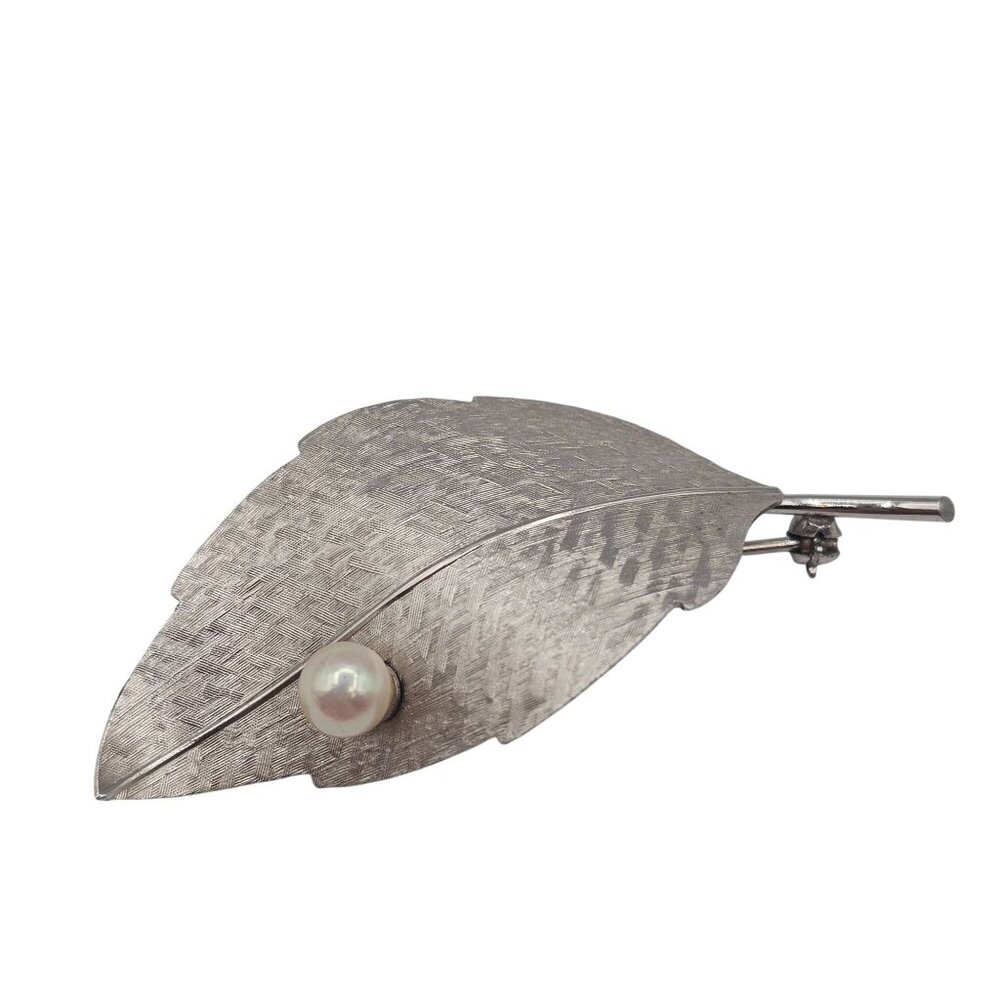 Krementz VTG Brooch Brushed SilverTone Leaf Boho Cottagecore FauxPearl Fairycore
